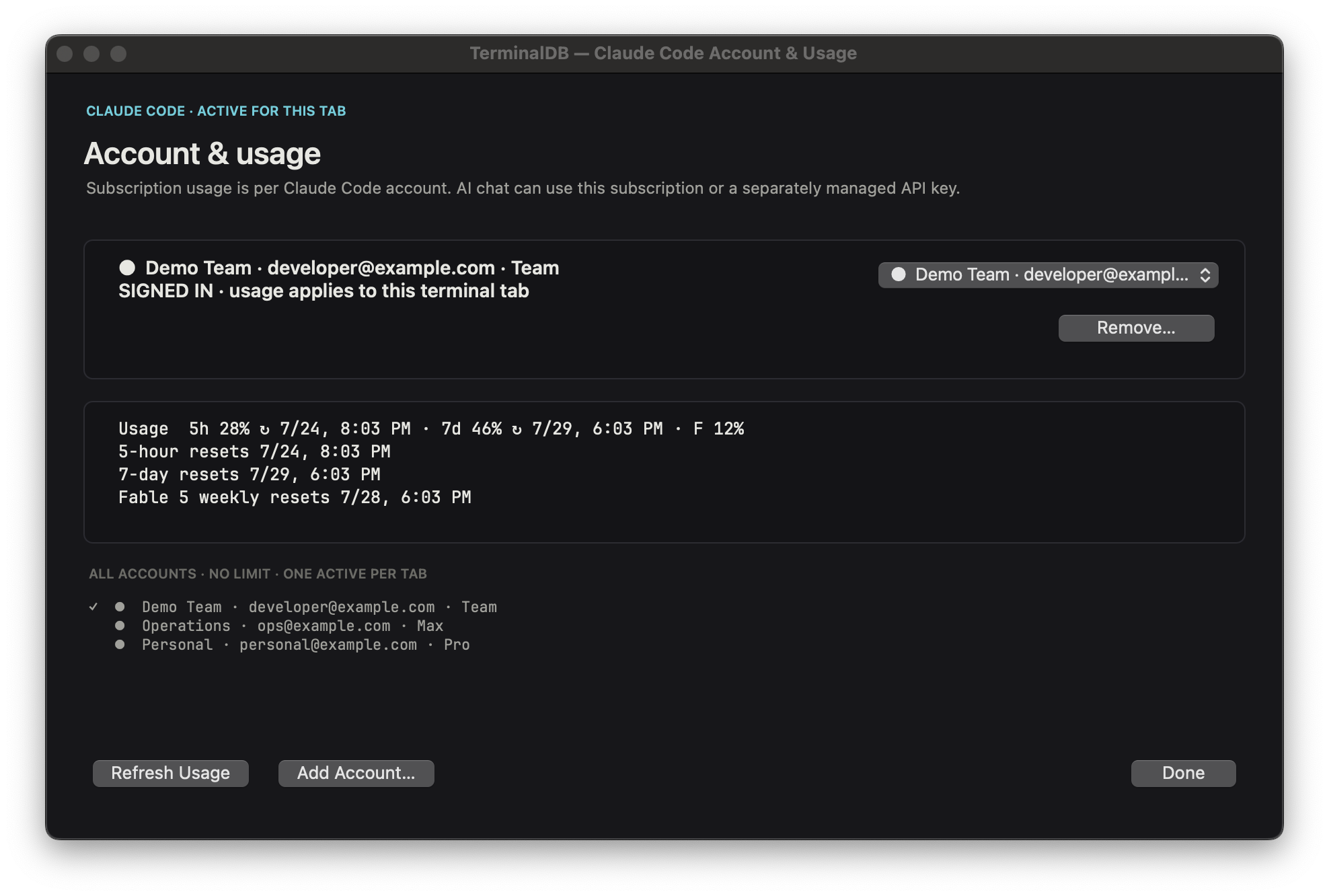 Screenshot of the TerminalDB Claude Code Account and Usage window on macOS. A cyan label reads CLAUDE CODE, ACTIVE FOR THIS TAB above the heading Account and usage, with the note that subscription usage is per Claude Code account and AI chat can use this subscription or a separately managed API key. The active account is Demo Team, developer@example.com, Team, marked SIGNED IN with usage applying to this terminal tab, beside an account picker and a Remove button. A usage panel lists 5h at 28 percent, 7d at 46 percent and F at 12 percent with reset times of 7/24 8:03 PM, 7/29 6:03 PM and a Fable weekly reset of 7/28 6:03 PM. Below, a list headed ALL ACCOUNTS, NO LIMIT, ONE ACTIVE PER TAB shows a checkmark beside Demo Team developer@example.com Team, then Operations ops@example.com Max, then Personal personal@example.com Pro. Footer buttons are Refresh Usage, Add Account and Done.