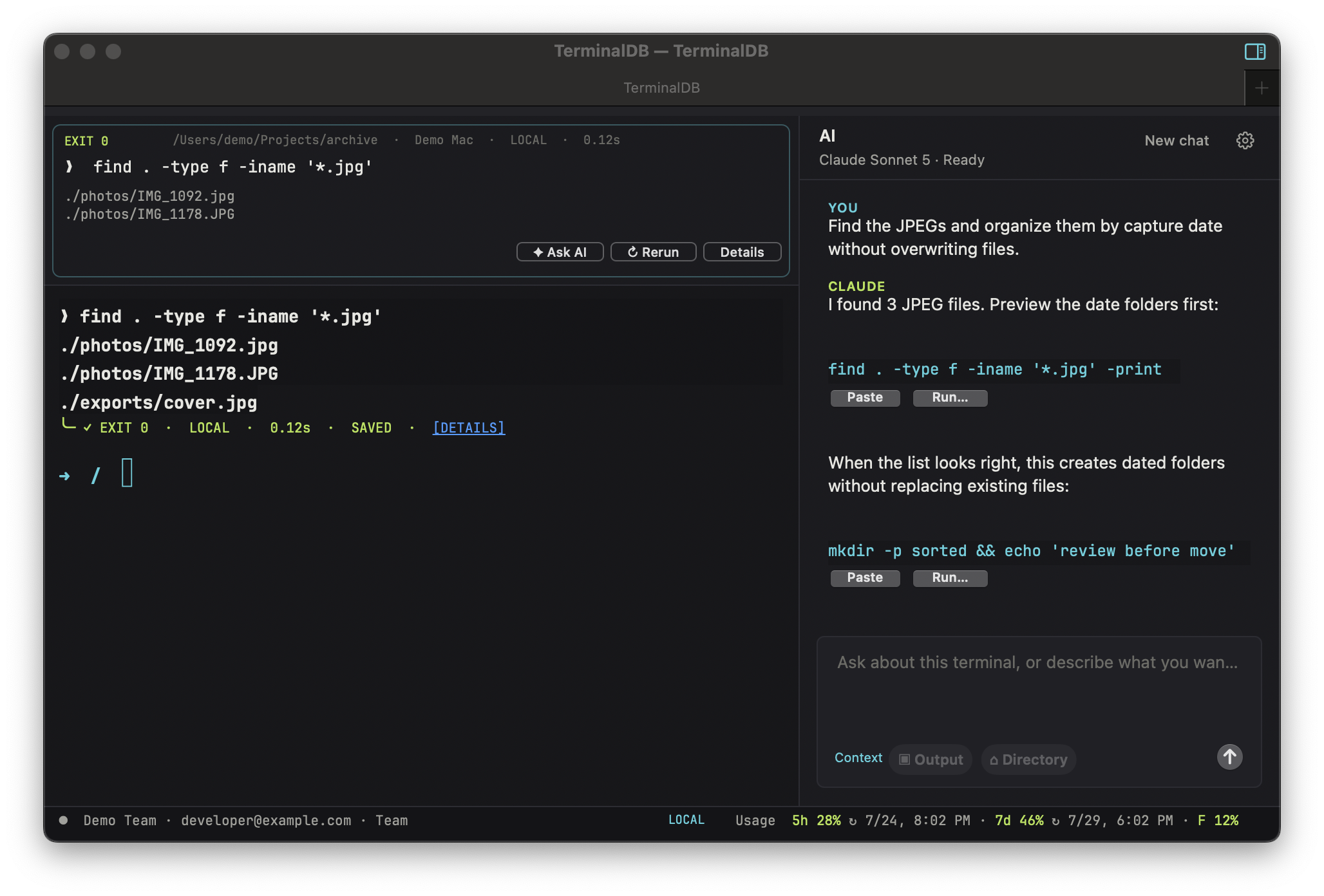 Screenshot of TerminalDB on macOS with structured command blocks, the Claude assistant, per-tab account status, usage information, and the active local environment.